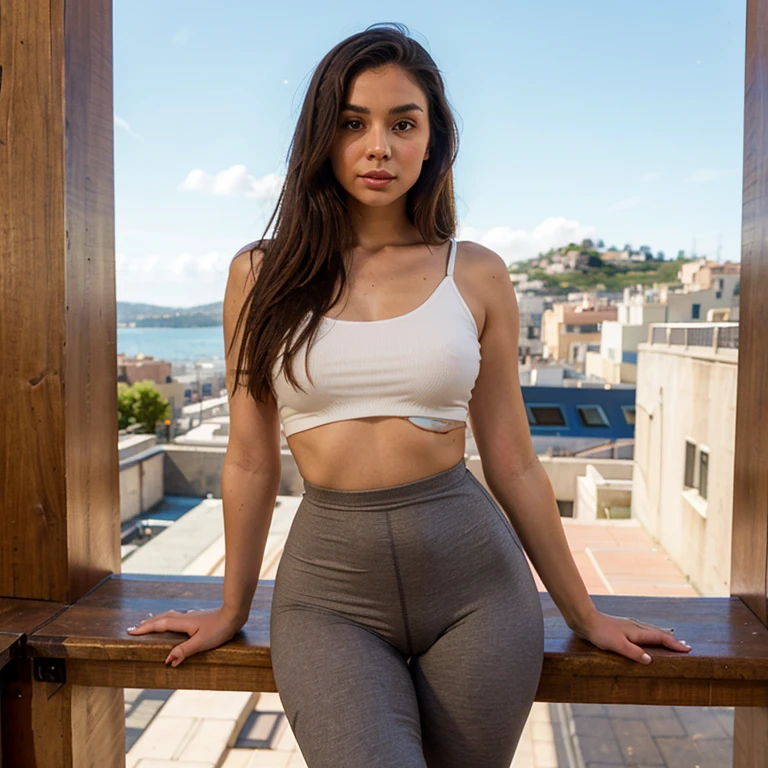 Light brown woman with blonde highlights, italienne magnifique de 25 ans, en leggings moulants et soutien-gorge de sport pastel, poitrine parfaite, leaning forward, on the beach at the end of the day, il y a des palmiers, cinematic light, souriante, flirts with the camera, pose sensuelle