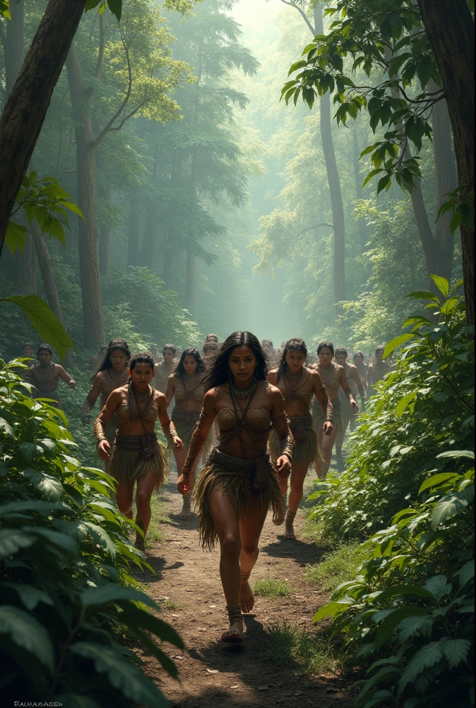 A terrified nude korean female age 21 sprinting through a dense, verdant jungle, her lithe body glistening with perspiration and streaked with dirt. Her long, raven hair streams behind her like a dark banner of panic as she flees from the pursuing cannibal tribe. The cannibals, a group of burly, muscular women with mud, dirt and blood covered their body, are depicted in hot pursuit, their eyes ablaze with savage hunger and their teeth bared in ferocious snarls. The leader, a athletic female figure with a headdress made of bones and feathers, wields a menacing spear adorned with human trophies, while others in the tribe follow with makeshift weapons like clubs and machetes. The vibrant foliage of the jungle forms a stark contrast with the raw, primal scene unfolding, creating a tableau of fear and survival. The light source, possibly the setting sun, casts a warm glow that filters through the dense canopy, casting dappled shadows across the chase. The tension in the air is palpable, the urgency of the moment captured in the stark nudity and the desperate, powerful stride of the fleeing woman, as the relentless pursuers close in, their intent to capture and consume her unmistakable in their every grimace and gesture. The background whispers of a fiery camp, hinting at the impending fate that awaits should she falter. The chaotic yet meticulously detailed scene evokes a sense of horror and excitement, a modern reimagining of a timeless battle between the wild and the innocent.