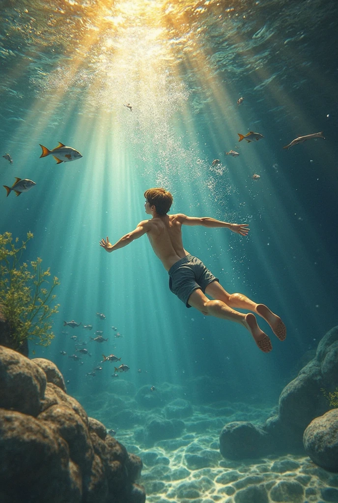 work of art, best qualityer, 1 men, grown-up, mellow, tall and muscular guy, dark theme, magic circle, bubble, rainbow sunlight, Underwater, Mirror reflected, floating piece of glass, rainbow light, Bubble spinning, wind turning, Aurora, Fantasy setting, Starlight around the character, (trunk)