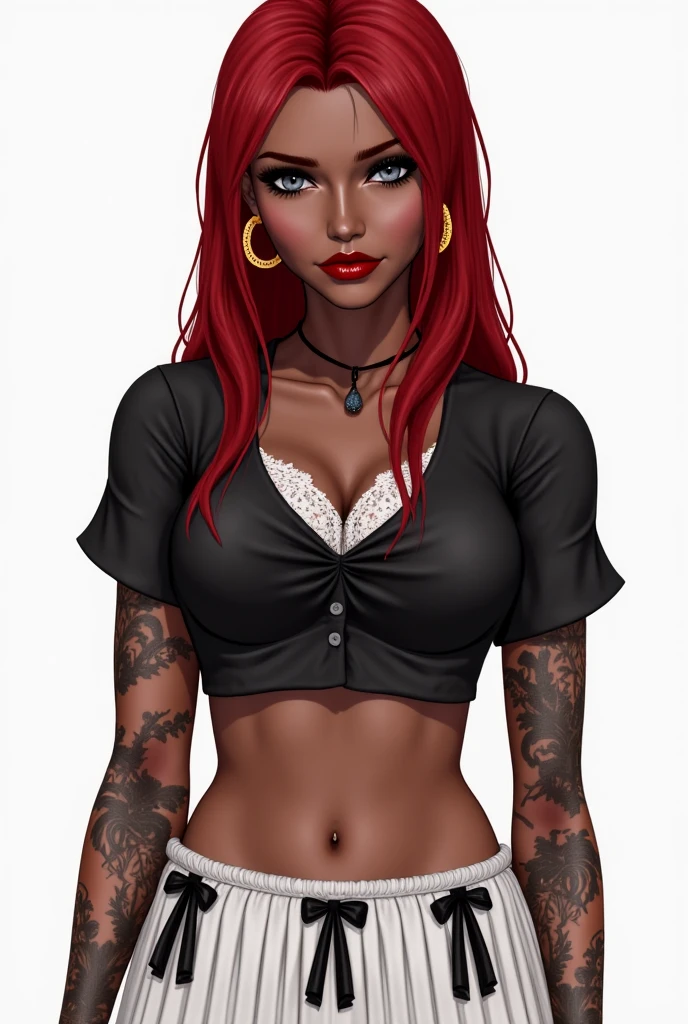 Masterpiece, hi res, absurdres, Best Quality, 4K, detailed, HD,score_9, score_8_up, source_anime, solo, male, girly, androgynous , Orange hair, curly elbow length hair,curvy, thick, Big ass,black crop top, white pants,curvy, bulge, large bulge, genitalia outline,prominent lips, red lipstick,thick, olive skin, tanned skin, looking at viewer, tattoos on body, lots of tattoos, Gyaru, dark skin , bedroom