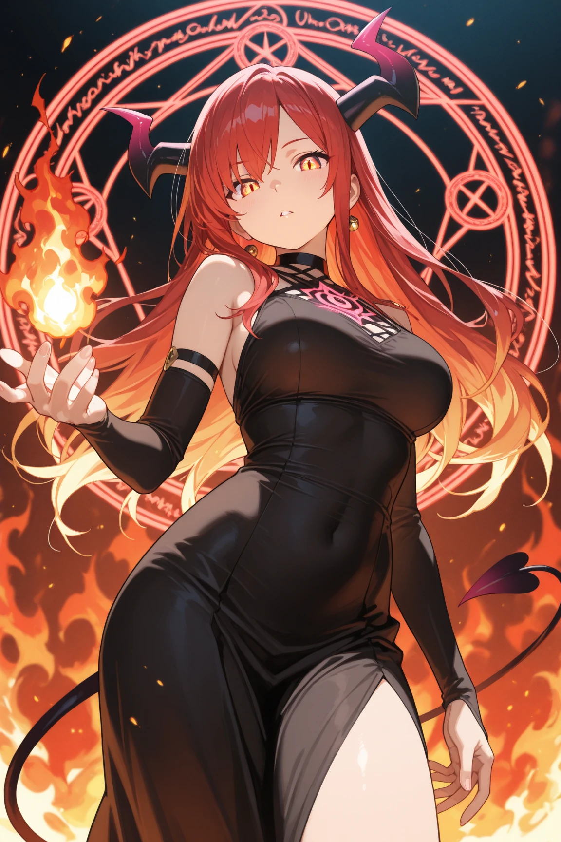 best quality, anime illustration, digital painting, sinder, looking at viewer, on back, lying, closed mouth, 1girl, yellow eyes, wolf girl, long brown two-toned streaked hair+swept bangs and sidelocks, fiery wolf ears and flame-tipped wolf tail, orange tail, ear piercing, bare shoulders, cleavage, collarbone, off-shoulder shirt with a black bow, (spiked belt, spiked bracelet, spiked choker, spiked collar:1.3), nails, black nail polish, black pencil skirt+skirt slit, thighs, asymmetrical legwear:fishnets thighhighs+black thighhighs, thigh strap, legwear garter, fire+flames and embers, finely detailed background, amazing background