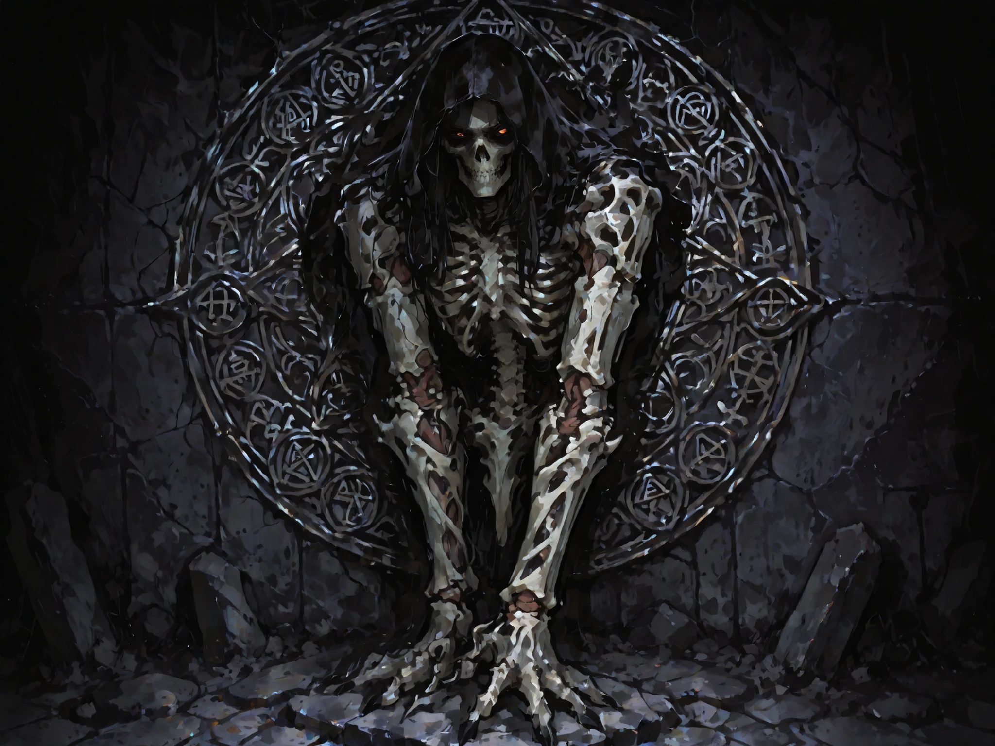 The, ancient magic circle engraved on the dark,  Weathered Stone Floors , single,  long and slender, bone arms with sharp claws appear, . dark fantasy art style, casts dramatic shadows, shadows dance on the surrounding wall. where ethereal light is emitted from the magic circle {x} arms seem to be struggling to completely materialize, from the shining center. dark fantasy art style, high contrast, creepy atmosphere