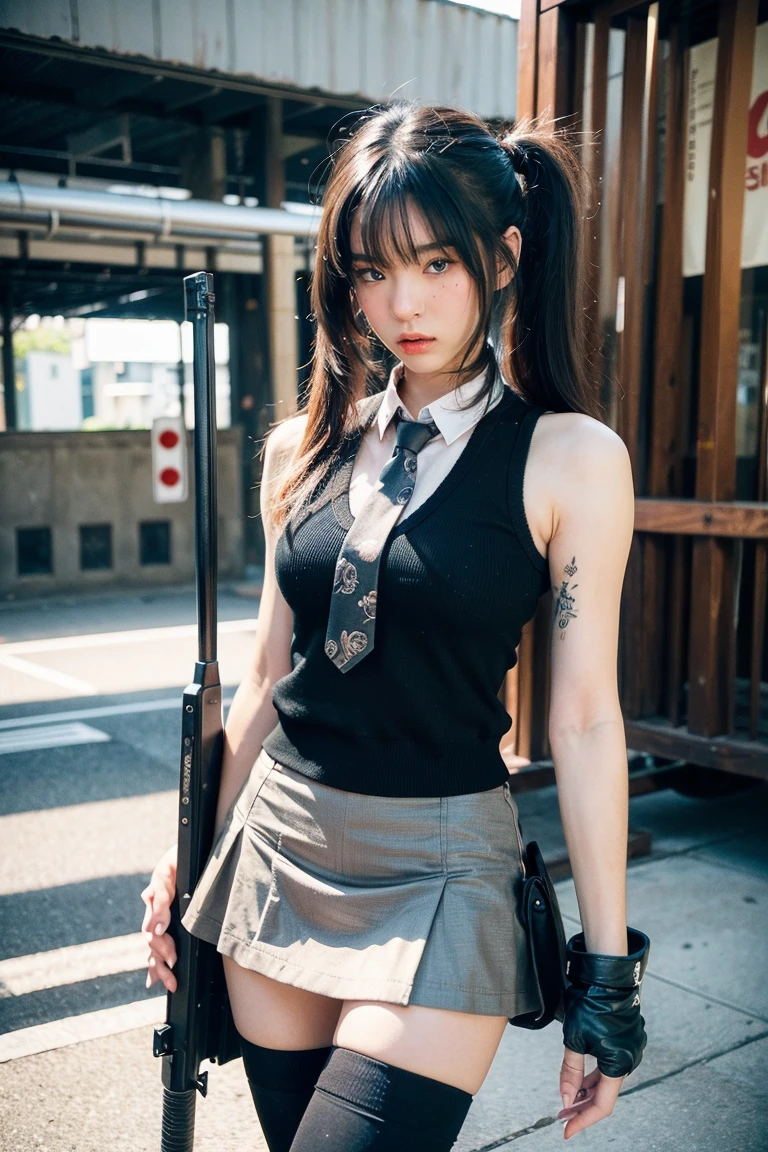 Best quality, masterpiece, ultra high res, (photorealistic:1.4), raw photo, (perfect body shape), (slim:1.2), dynamic pose, 1girl, (full figure:0.9), solo, big breasts, sagging breasts, ((torn school uniform:1.2)), plaid mini skirt, in the dark, (night time), ((holding a baseball bat on the street, looking fierce to camera direction:1.2)), deep shadow, low key, cold light 12000K