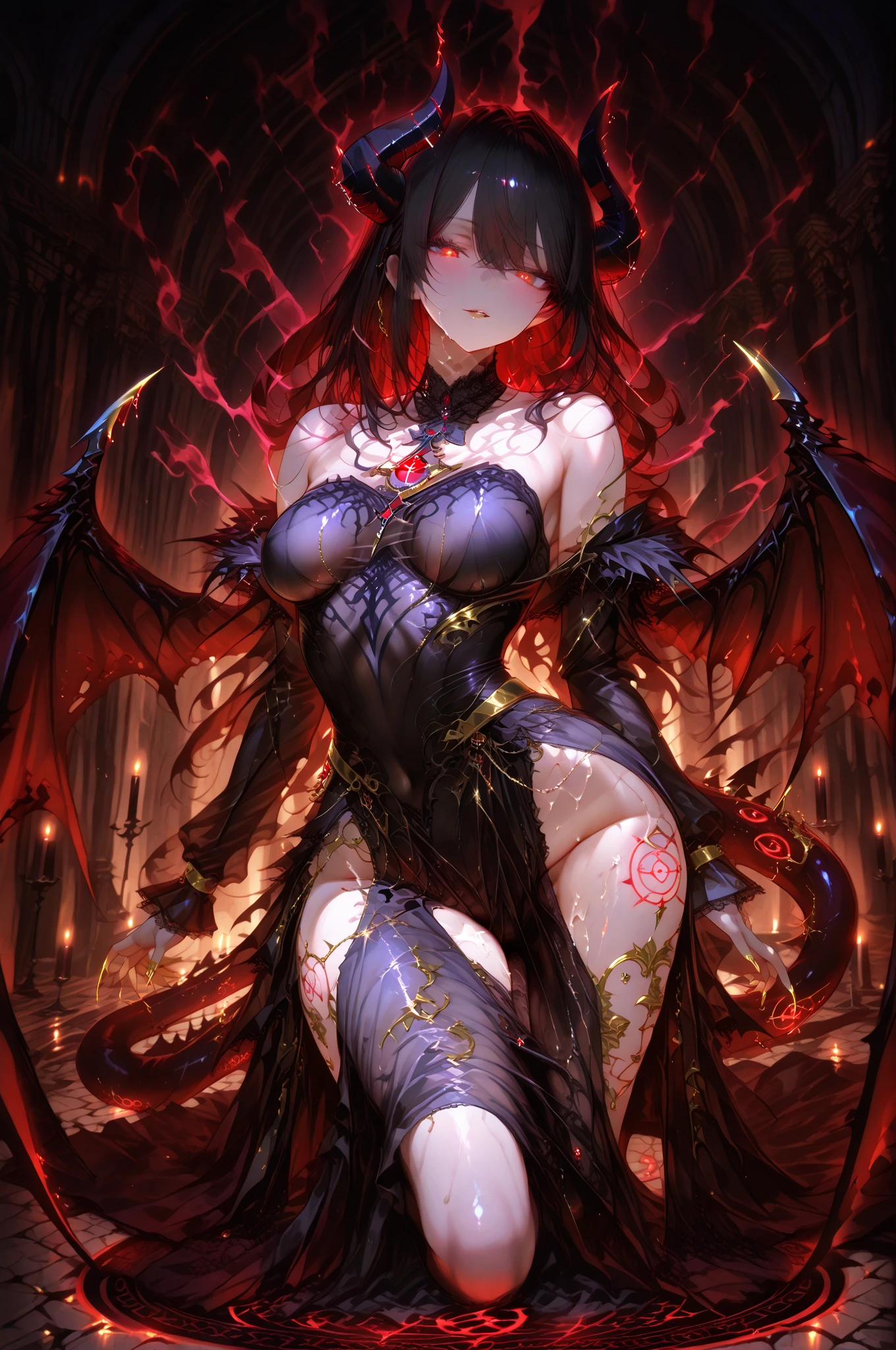 1 menina, succubus, Castlevania, cabelo vermelho, ruiva, asas de morcego, asas grandes, grandes asas de morcego Castlevania, 30 anos, espartilho preto, look of malice, olhar sensual, corpo exposto, mostrando o corpo, de costas, lingerie sensual, dinamic angle, 30 anos, corpo inteiro