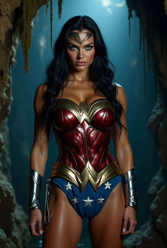 Wonder Woman sitting on Hulk&#39;s legs, seductive look 