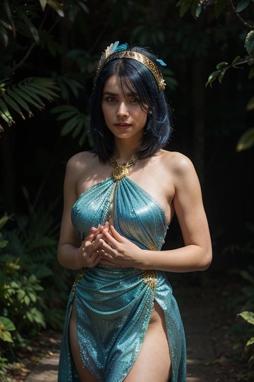 ( High quality , ultra detailed, careful with hand ) - Amazon queen, similar to latin goodness . Optimistic, fair-minded, funny and intellectual face . Reckless, cold-hearted, impatient, overconfident style . Dark blue eyes (eyes detail) , deep green hair with bling bling , transparent dress , in the jungle with stars , whole body , fire make up look , god Chiron