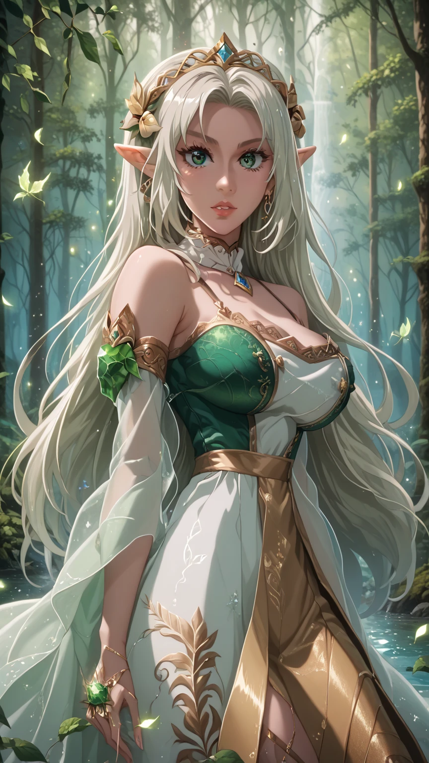 a cartoon image of a woman in a dress standing in a pond, beautiful maiden, ((a beautiful fantasy empress)), anime goddess, alluring elf princess knight, shadowverse style, anime fantasy illustration, a beautiful sorceress, white haired deity, beautiful and elegant elf queen, a sexy maid in a magical forest, a beautiful fantasy empress, beautiful sorceress