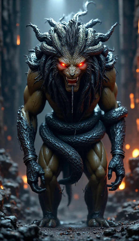 humanoid with scaly skin between brown and green, with many scars on the body, bright, feline yellow eyes, sharp fangs protruding from its mouth, With a furious glare, wearing tattered and aged medieval clothing, brawny, with a torch in one hand, hands and feet with sharp claws, inside a dark, damp medieval dungeon, realistic full body photography