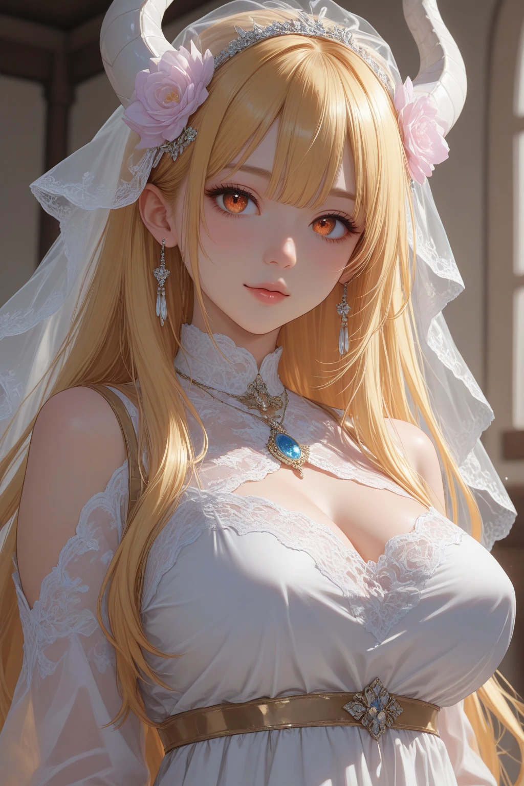 best quality, masterpiece, upper body,
adult woman, (light smile:0.6),
braided blonde hair,
aquamarine eyes,
see-through open gown,
snowy,