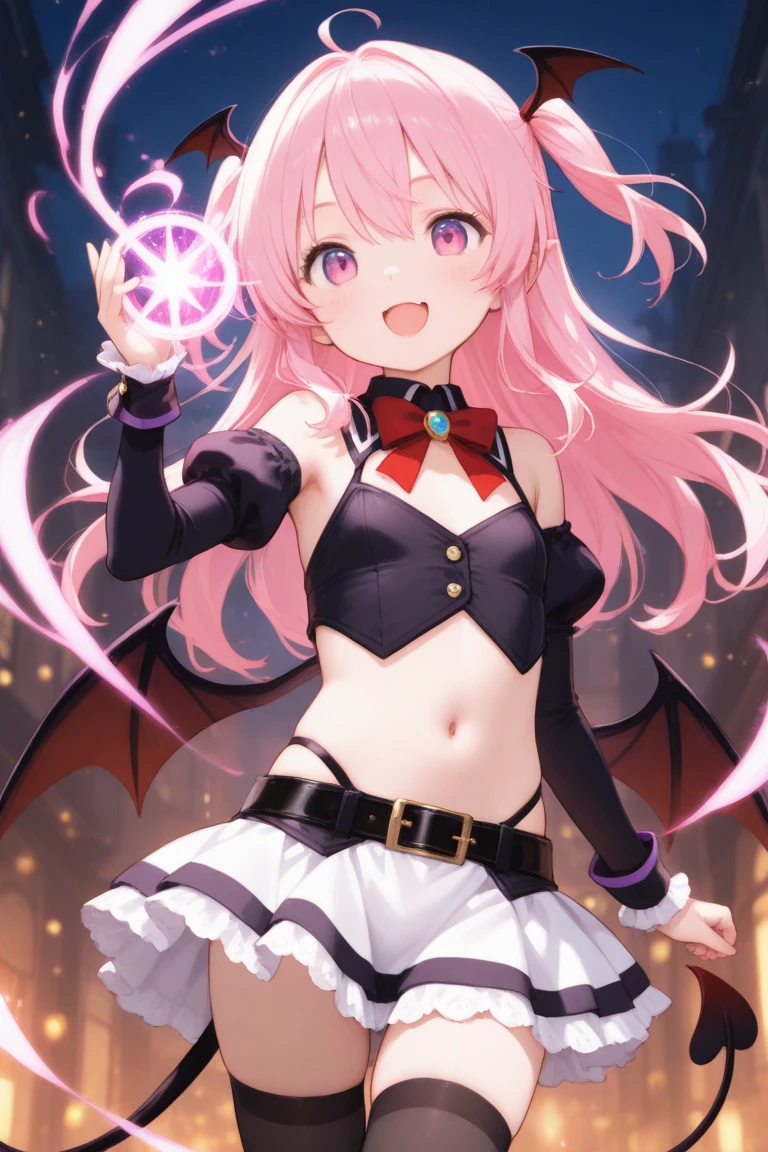 (1girl in:1.2), (Solo:1.2), nffsw、Shaders、Brilliant Textured Work、Ultra-detailed eyes、ultra-intricate pupil in eyes、top-quality、Pink hair、Succubus Wings、Succubus tail、Succubus Boots、(Pink school uniform:1.2)、very large breast、cleavage cut out、length hair、seducting smile、seductiv、Turn your hand towards us、starrysky、Tiered skirt、(flying:1.5)、