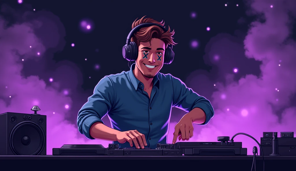 best quality, masterpiece, male DJ, medium length middle parting rainbow colored hair, headphones around neck, muscular, excessive brown public hair, energetically dancing behind mixer and turntable, another man sucks his penis, fellatio crowd in the background hands up happily cheering him on, laser lights and RGB spotlights in the background, sexy, gay, homoerotic, ambient lighting, extremely dramatic shadows, perfection, no watermark, no logo, no signature