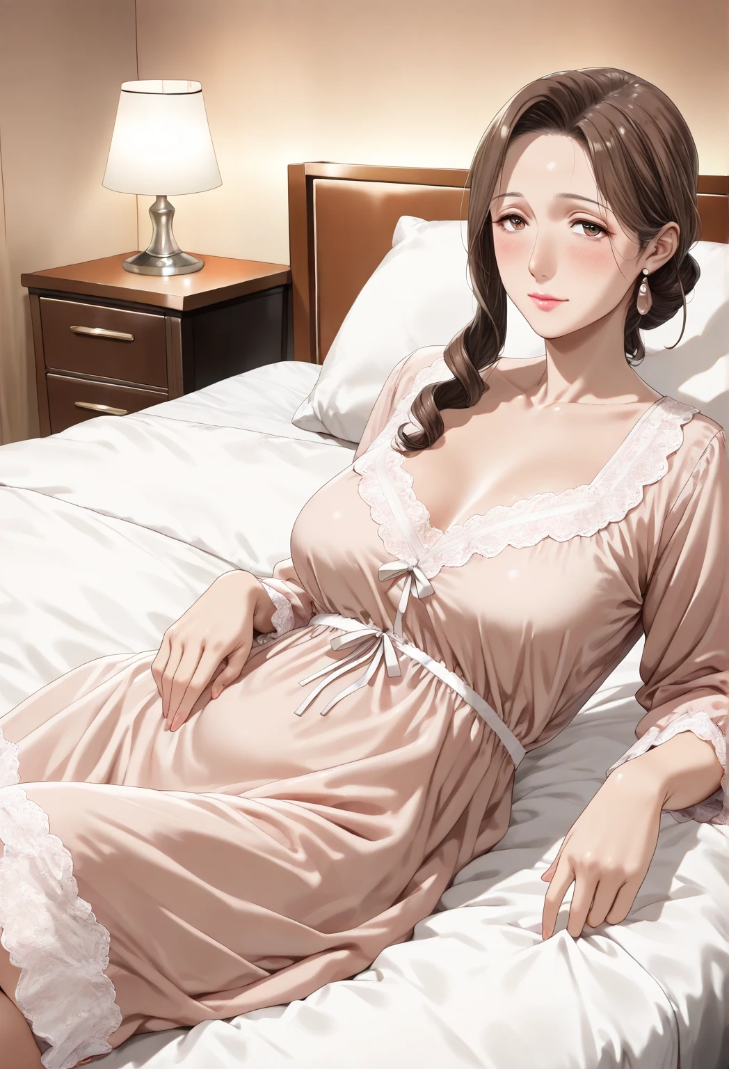 DETAILED, DENSE, MASTERPIECE, one girl, beautiful, wearing white cardigan, one girl lying on bed with blanket, brown hair, 22 years old, smooth skin, glowing skin, glowing hair, clear eyes, glowing eyes, brown eyes, soft lips, pale pink lips, (viewer Looking down: 0. 8) smiling slightly, cheeks stained, shy, mouth open, bangs, white sleeves, white clothing, one girl, soft skin, large breasts, glowing skin, cinematic lighting, rich lighting, room lighting, simple gold necklace, diamond necklace, white Lace bra, white lace panties, white lace underwear, high angle, low angle, (Masterpiece: 1.0), (Realistic: 1.6), (Soft Focus: 1.5)