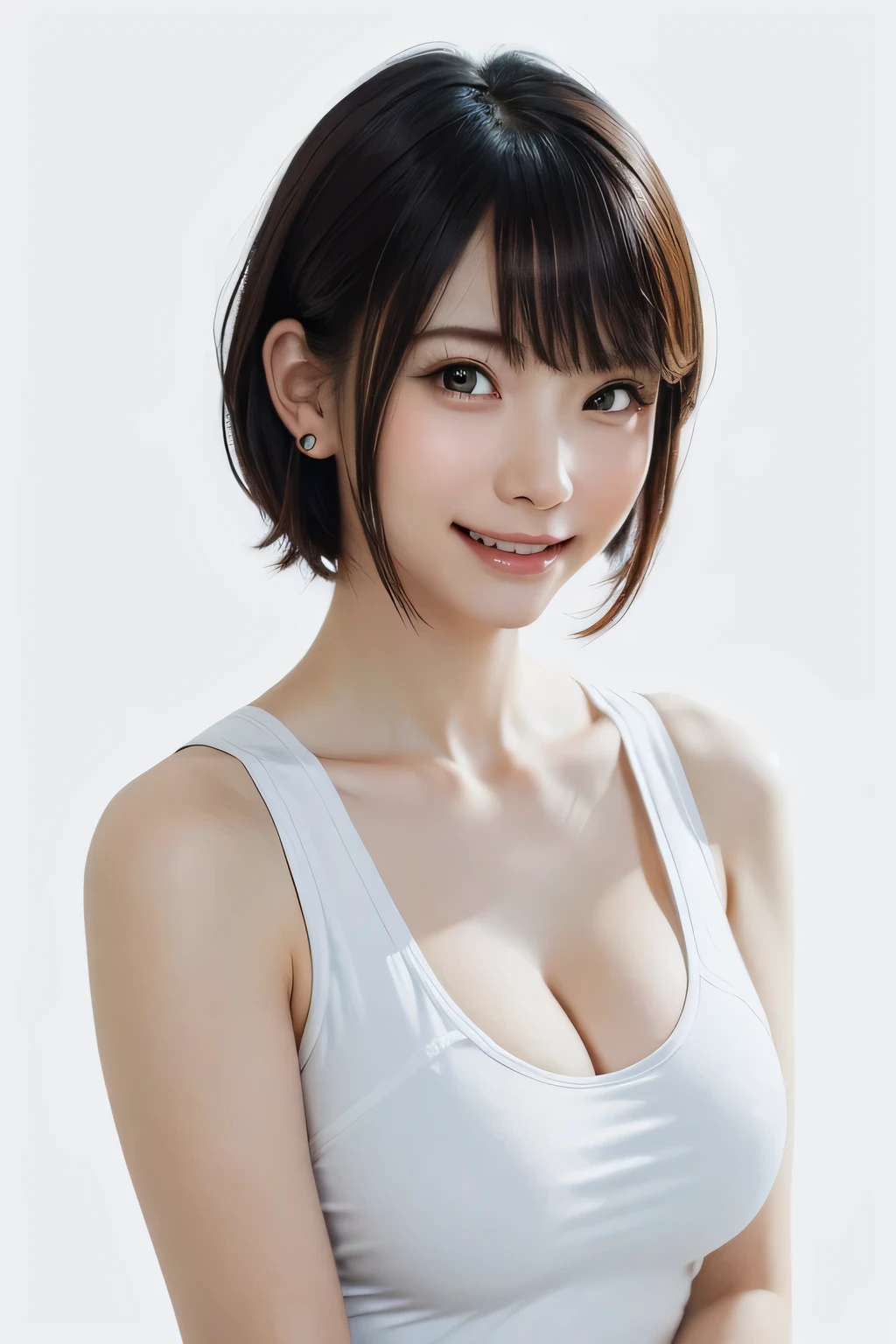 Highest quality、(beautiful)、Brown Hair、looking at the camera、Upper Body、Close-up、Larger breasts、smile、Shot from above、Semi-short hair、The chest was open.Tshirt