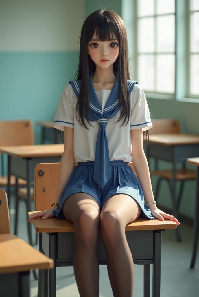 alone、expensive school girl、Natural body shape、White skin、Natural Makeup、Black Hair、bangs、Straight Long Hair、Lifting the skirt with one hand、expensive 、Roll up your sleeves、White blouse with collar、Blue plaid tie、Blue plaid pleated skirt、Please sit at the desk、Spread your legs、((The upper body is wearing a uniform))、School classroom、Low - Angle、Overlooking here、White socks、Black Loafers、Full body photo、Focus on the crotch、
information