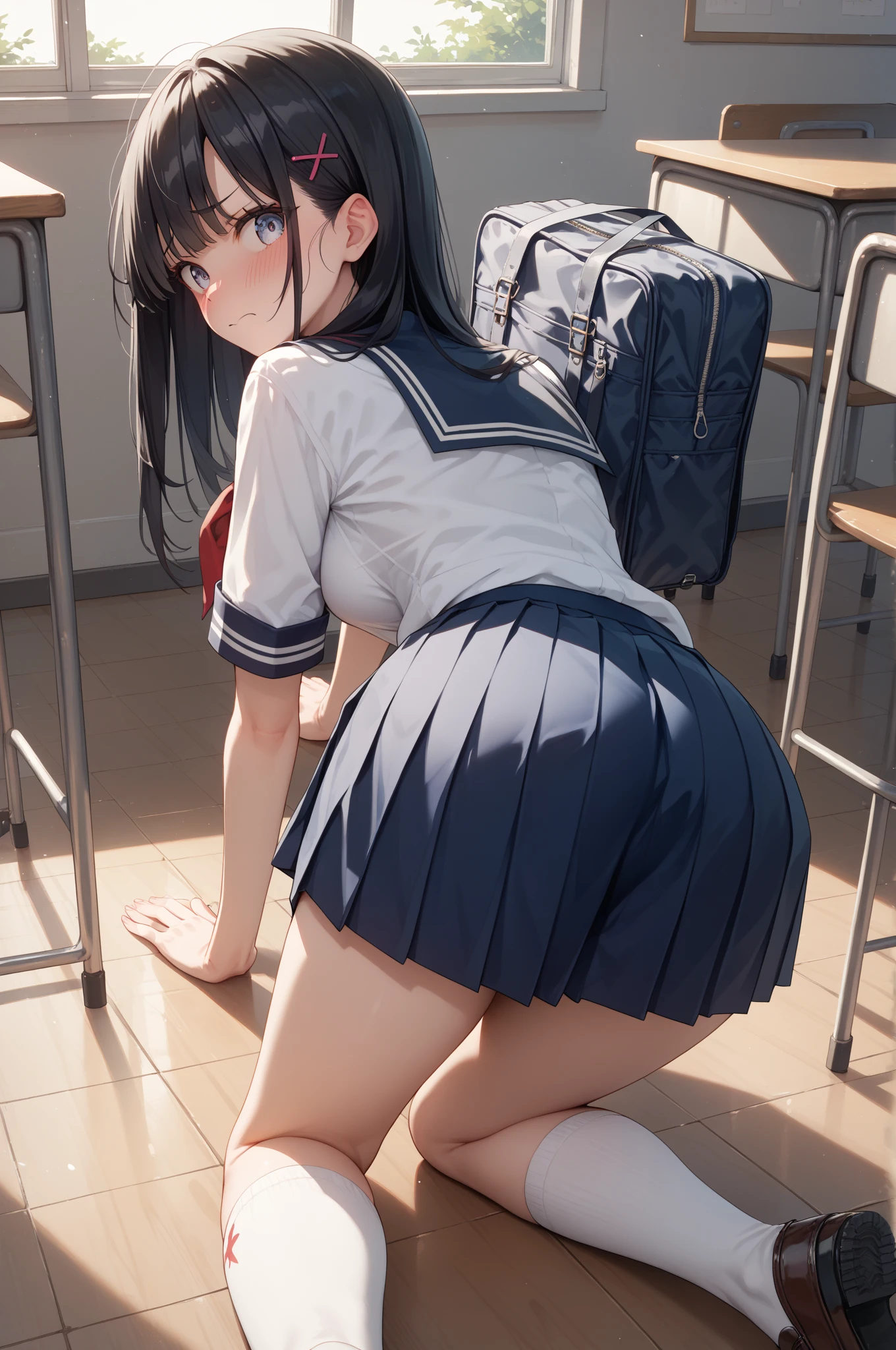 NSFW, (master piece, highest quality), 1 girl, Cover your breasts and crotch with your hands, bra is visible, nipples are visible, 15 years old, school locker room, pull down your sexy white panties, Lift up the pleated skirt with your hands, (In the middle of taking off your panties), fluffy pubic hair, ((Change of clothes)), wide angle, best lighting, best shadows, (open your mouth a little), (surprised expression), looking away, Photographed from the shadows, low twintails, high ponytail, curl bob hair, a shy look, from behind