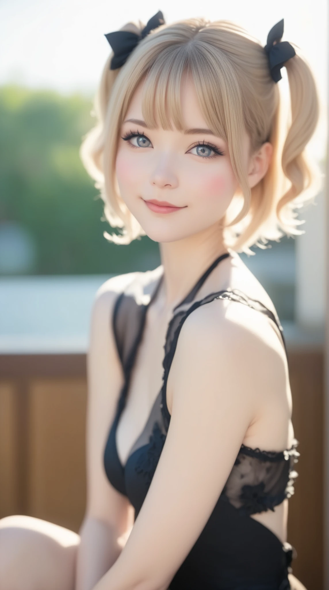 (top quality、masterpiece、very detailed、One Girl、cute face、 silky short blonde 、(((Short hair in twin tails、Short Bob Twin Tail)))、grey eyes、From the knee up、gothic fashion、very detailed目、Little Red Cheeks and Nose、cute face、