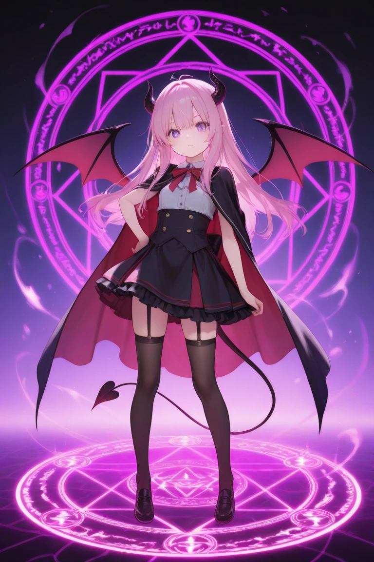 8K,  1girl, petit, teen, kawaii vampire, crimson hair, short hair, red eyes, fang, bat wings, smile, (blush), (shy), pointed ears, looking at viewer,  dynamic angle, wind, game cg, fantastic scenery, demon tail, thin tail, black horns, medium breast, show full body, class uniform, sexy, dungeons, summon, magic, bulge, show bulge, swimsuit, tentacles, slime, grinding