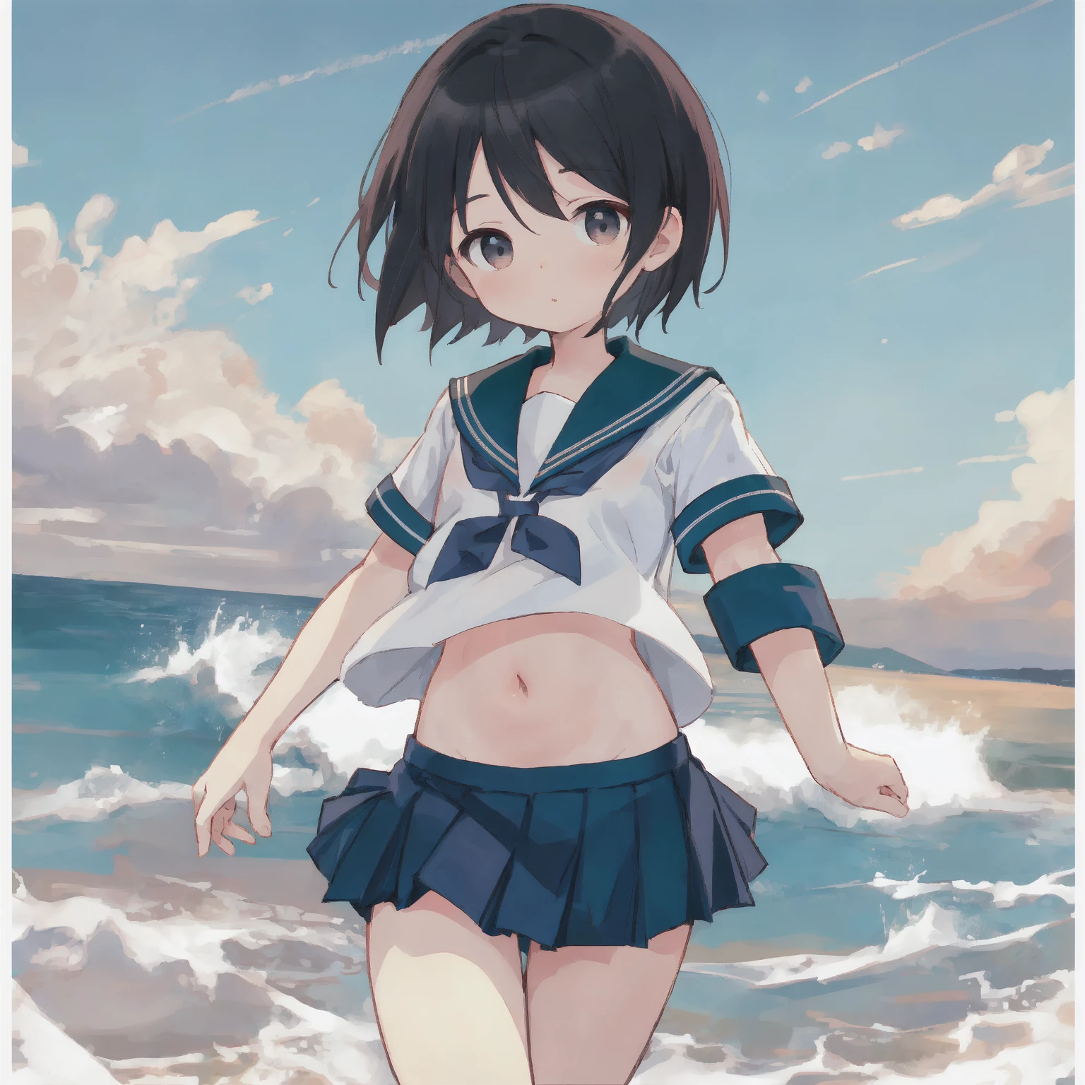 Breasts sticking to a white dress shirt、She lifts her light blue and white checkered skirt with both hands to show off her cute white underwear with ribbons、barefoot、Sandy beach, sea, cumulonimbus clouds and blue sky