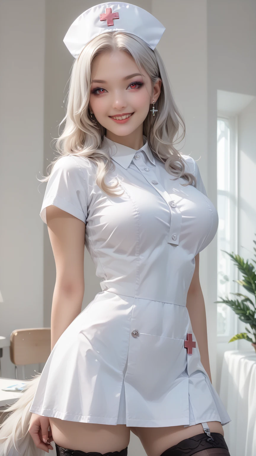 (8k, RAW Photos, Highest quality, masterpiece:1.2), Very detailedな, Ultra-high resolution, (Realistic, Realistic:1.37), High resolution raw color photos, Professional photos, Very delicate and beautiful, Very detailed, 8k wallpaper, (Beautiful and detailed)、(Beautifully detailed face),Anatomically correct body shape, Professional Lighting, whole body, woman、Japanese、20-year-old, Blonde、Long Hair、 (A shy smile:1.3), Fine and beautiful skin、Skin Texture、 (Narrow waist:1.2)、(E-cup bust:1.21), (mini skirt,White nurse costume:1.35), (Accentuate your cleavage:1.1),(Straddle:1.15)、Sharp focus、The background is a realistic hospital