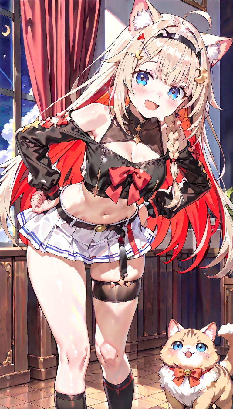 masterpiece, best quality, solo, 1girl, blonde-hair, wings, thighhighs, (very-long-hair), smile, wide-sleeves, navel, hair-ornament, blush, looking-at-viewer, detached-sleeves, open-mouth, frills, outstretched-arms, black-thighhighs, dress, oragen-eyes, half-closed-eyes, long-sleeves, bangs, breasts, center-opening, standing, angel-wings, white-wings, garter-straps, flower, parted-lips, bare-shoulders, navel-cutout