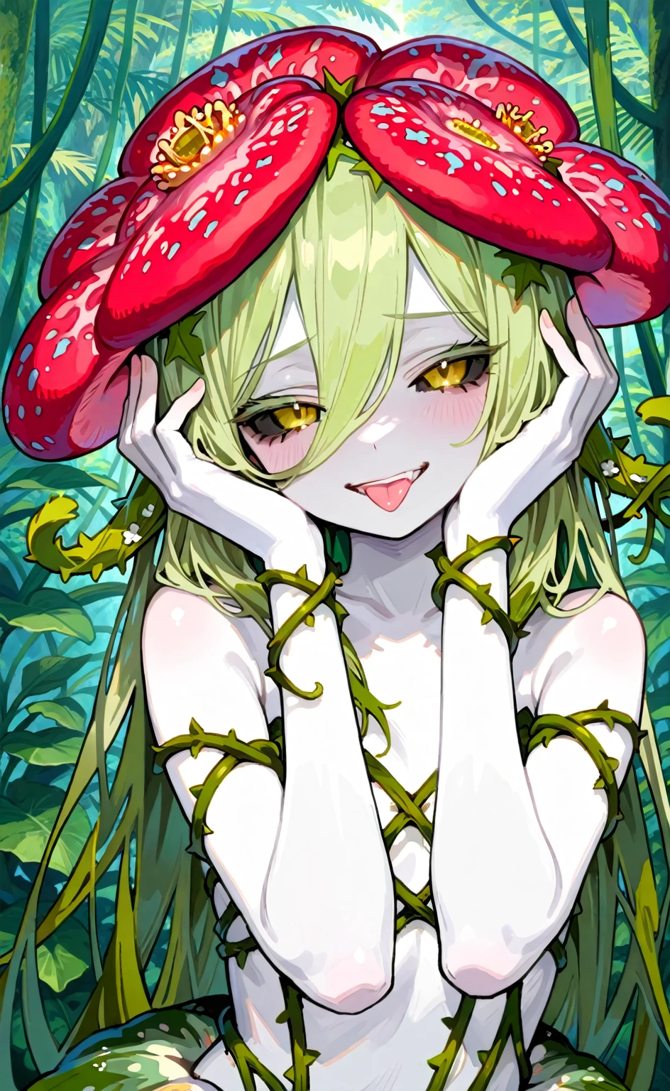 NSFW　flower　monster　woman　Blonde　Alraune　腰から下が大きなflower　Carnivorous plants　whole body