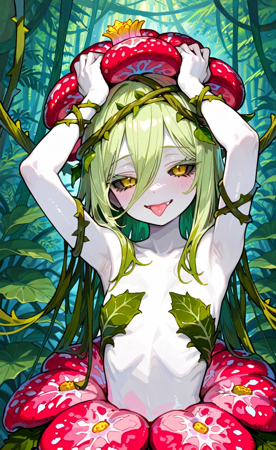 1girl, alraune, flower, vines, full body, outdoors
