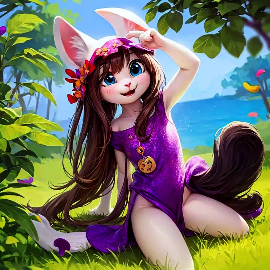 lulu weared purple hair wear purple thick bunny costume, open mouth, tongue out, walking, winking, light smile, small breasts, sexy pose, sit on dirt path, mountains,. background: forest, (insanely detailed, beautiful detailed face, beautiful detailed eyes, masterpiece, best quality)