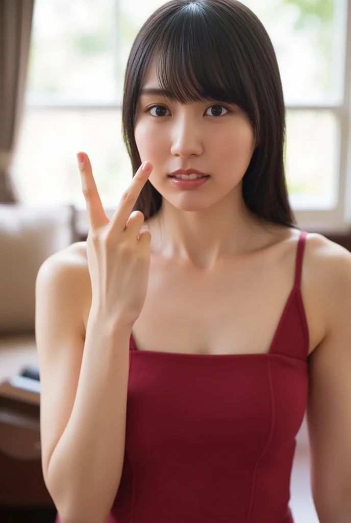 (masterpiece:1.2), Very detailed, Ultra-high resolution, (Realistic, photo Realistic:1.6), High-resolution RAW color photos, Professional photos, Dramatic lighting, 映画のFunctionalなシーン、Sharp focus:1.2, (Very detailed顔と肌の質感, Very beautiful eyes, Glossのある肌, Glowing Skin, Glowing Skin, Shining Face, Gloss, Oily skin, greasy face, Oily skin, greasy face, 強いGloss), Perfect Anatomy, Very detailed背景, 1 female, 25-year-old woman, Japanese women,Height: 168cm, (Short Bob Hair, Straight hair, bangs:1.3, Brown Hair), (Lean：Weight 1.0), (Flat Chest:1.9),(Slender legs:1.4)、(((dim:1.4)),(((Hotel Bedroom))),(Erotic), ((Functional)), ((Glowing Skin))、Open your mouth and scream、Put your hand in front of your mouth、Fingers in a gripping pose、Looking up at the sky