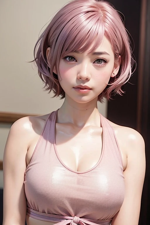 Beautiful woman without bra small breasts pink hair , sorriso nsfw