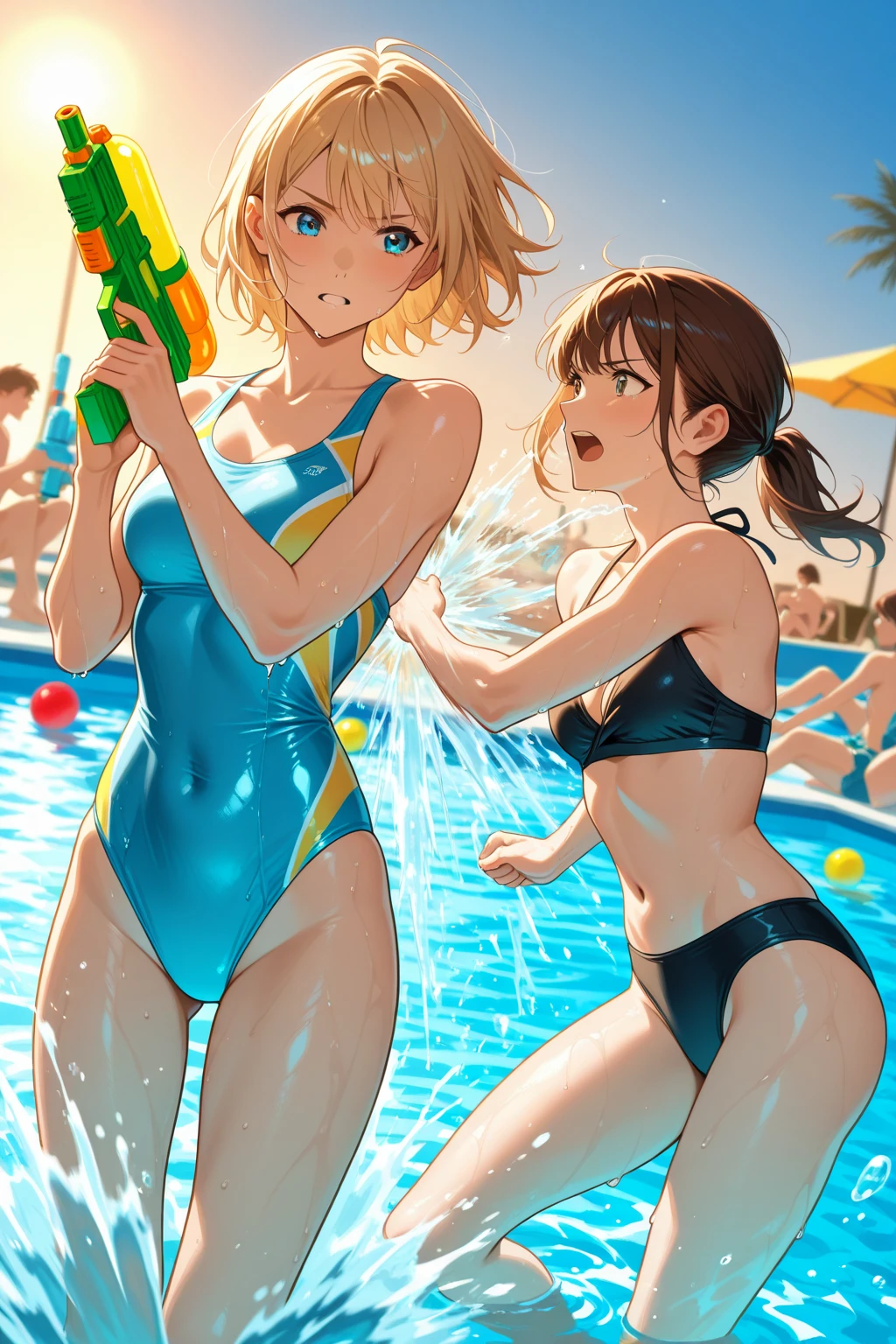 NSFW, (4+girls:1.5), (alternate athlete swimsuit pool), tanned skin, dark tanned skin, oil, abs:1.4, line up, girls playing beach volley, beach volley ball, net, masterpiece, top quality, ultra high definition, highest resolution, very detailed, professional lighting, clean skin, CG illustration, slender, very cute, young face, cleavage, lower breast, wet body, (breasts out:1.4), different hair colors, short hair, pixie haircut, semi-long hair, hair ribbon, blush, navel, from below, wet body, (breasts out: 1.4), (plastic bag 1.2), transparent swimsuit, beach, (wind: 1.3), girls playing behind, showing ass