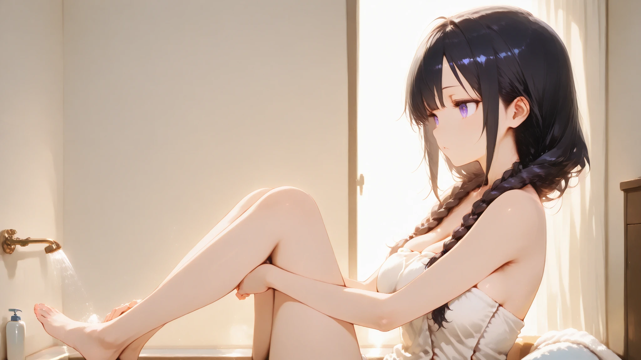 score_9, score_8_up, score_7_up, score_6_up, score_5_up, score_4_up, uncensored, yukinoshita yukino, absurdly long hair, grey eyes, black hair, very long hair, horny face, blush face, lips, naughty face, shiny skin, sweating, steaming body, heavy breathing, (small breasts:1.3), detailed body, detailed eyes, 1girl, fingerless_gloves, gloves, torn_clothes, dress, large_breasts, flower, bare_shoulders, looking_at_viewer, thighs, black_gloves, barefoot, torn_dress, feet, solo, ass, black_dress, cinematic, sharp focus, sliding door, indoors,