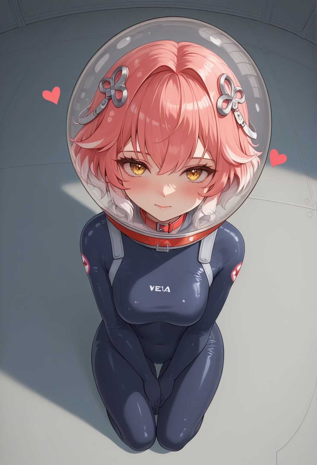 spacesuit, big breasts, open mouth, smile,  eva helm, spacesuit , astronaut), from above, lacus clyne, (purple eyes:1.1), hair ornament, short hair, wave hair ornament, pink hair,, space helmet, bubble helmet,hands up, holding head, mouth open, scared, upper body, ,(((spoken heart,spoken blush:1.2))), fluid ,steam, ((twitching)),((trembling)),(trembling),
