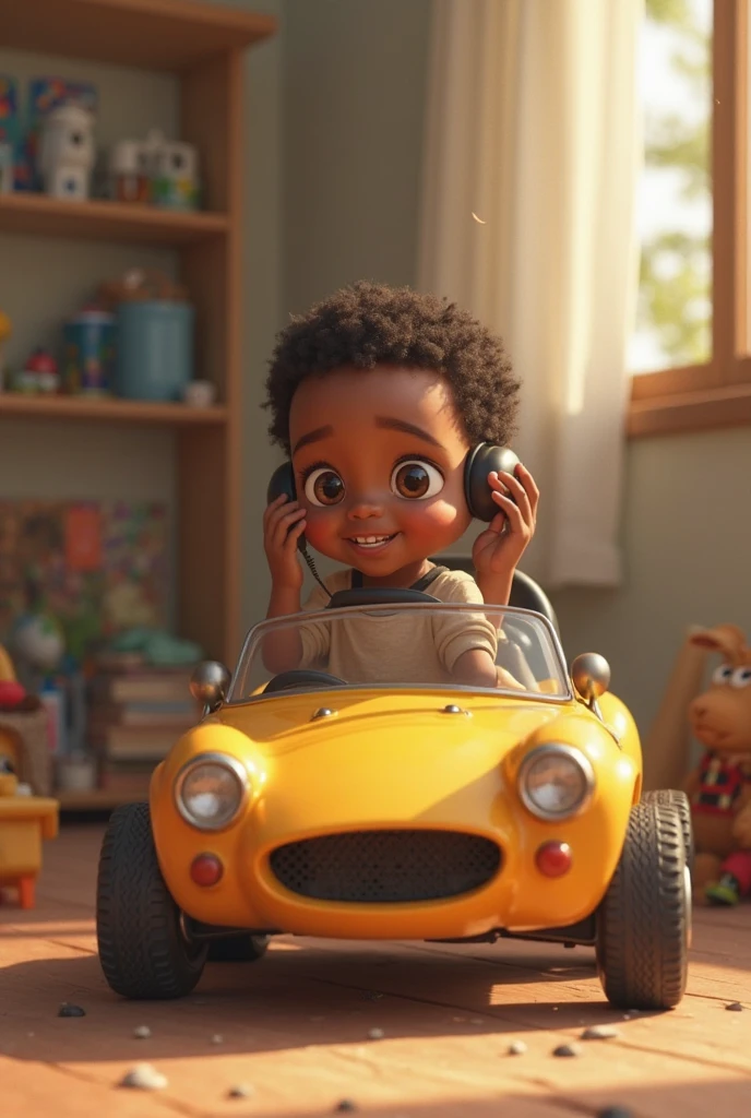 Eight month old baby girl dressed in safari dress black short hair curled at the ends hair cut on the sides big eyelashes round dark eyes full mouth in a jeep with a lion baby a zebra baby a giraffe baby an elephant baby inside the jeep Pixar 3d