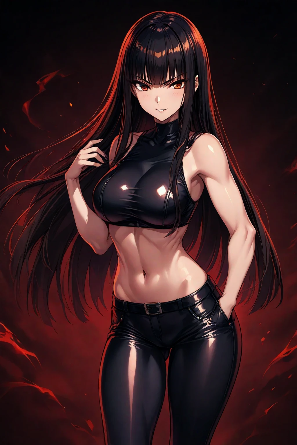 1girl, long hair, black hair, yellow eyes, dark makeup, heavy makeup, evil smile, evil grin, teeth, mask, large breasts, shorts, combat boots, professional wrestler, wrestling ring, bright lights, pyrotechnics, crowd,