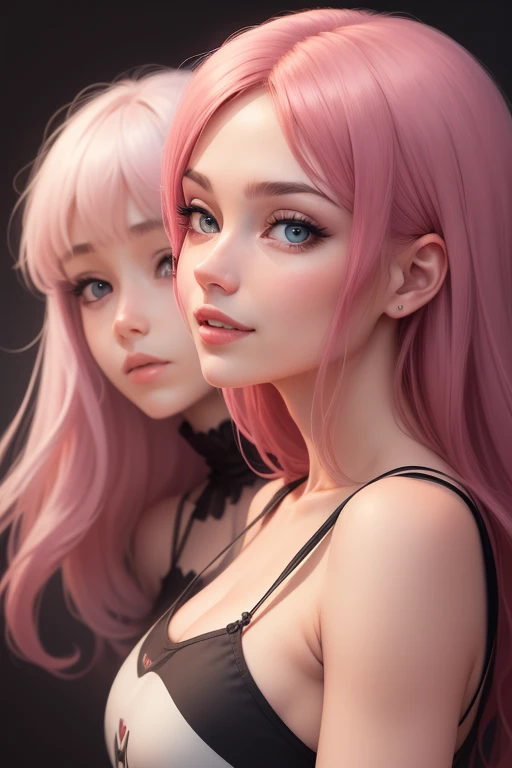 (masterpiece, best quality, 1girl, solo, intricate details, chromatic aberration), realistic, ((medium breath)),long hair, pink hair, red head ornament, pink highlights, hair over one eye,purple eyes, earrings, sharp eyes, choker, neon shirt, open jacket, crop top, (symmetry eyes),(perfect symmetrical body),against wall, brick wall, graffiti, dim lighting, alley ,look at viewer