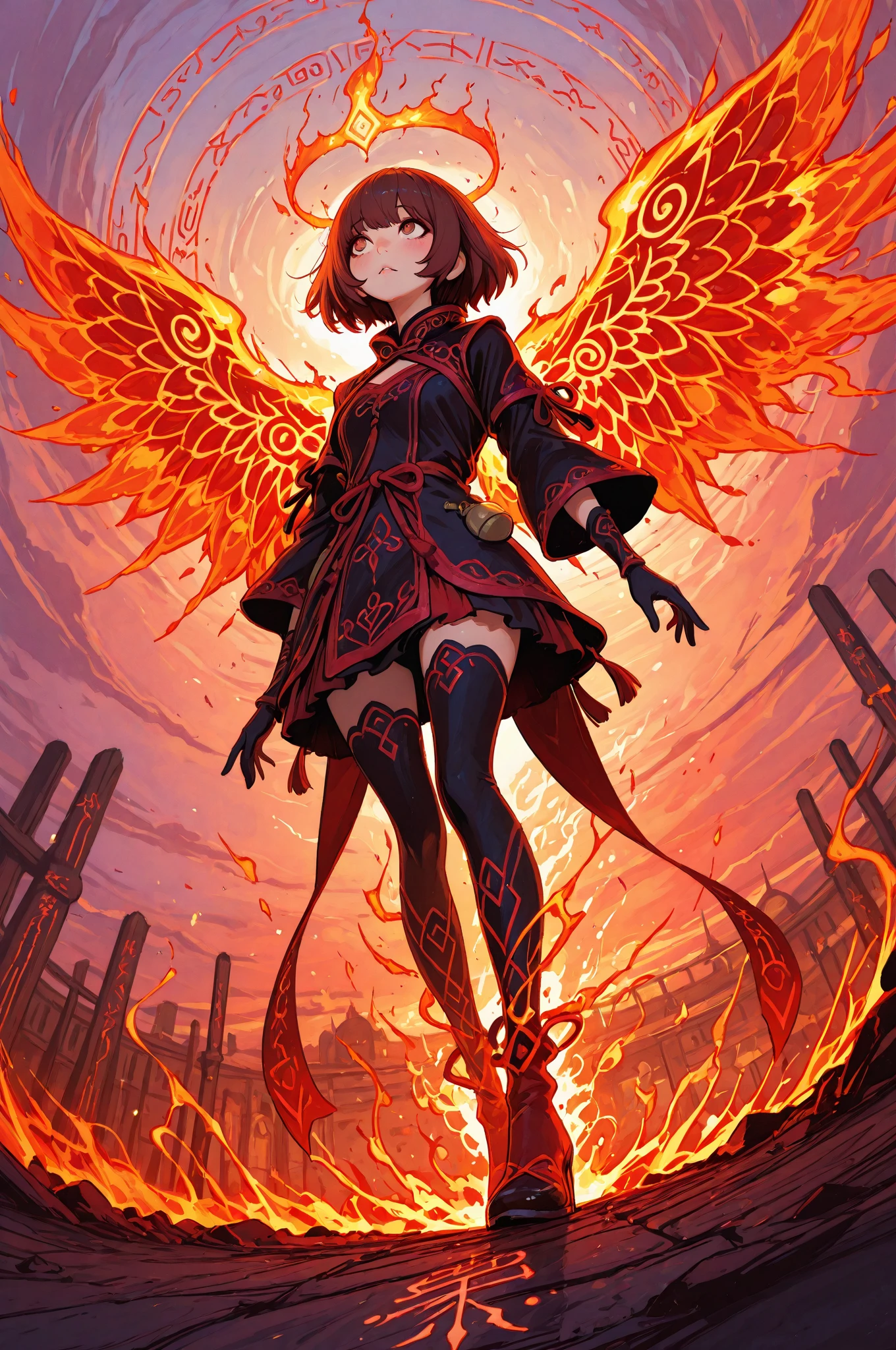Create a redhead girl for DND who is an assassin,yellow eyes thong, Yes, the clothing is red and black like a ninja.. Plus, my hair is in a ponytail and a mask..And red wings like phoenix and eagle 