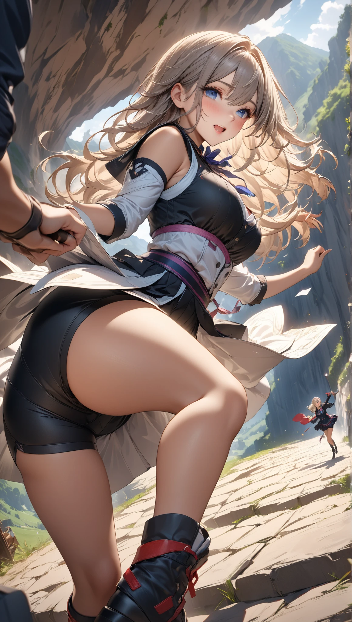 Ultra-high definition image quality、beautiful girl、Female Swordsman、Light Armor、Greeboots、Long Hair、Silver Hair、20-year-old、have confidence々face、Very short tight skirt、Sexy stance、Cowgirl、wilderness、Highest quality,Big Ass、Big Breasts、Thighs、god槍グングニルを握る、Black luxurious embroidered lace panties、Kick off with your feet and jump、Joan of Arc style clothing、Wind King Barrier、Her hair is fluttering in the wind、The Sword of Promised Victory、god々Wearing a bright aura、Big Ass、Valkyrie the War Maiden、Crotch close-up、Angle from directly below、Steam from the crotch