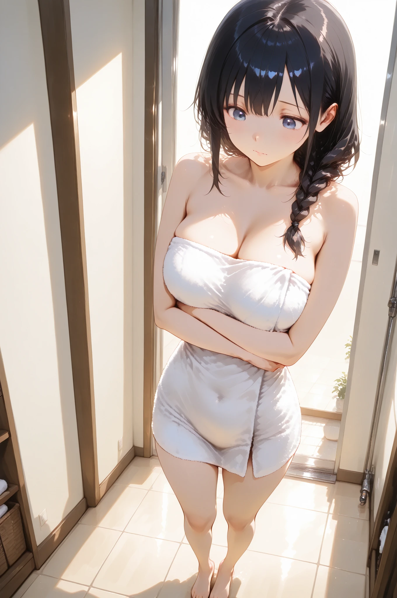 girl, Sweat, vapor, Center of chest, shy, Great hands, Looking at the audience, Cute Smile
