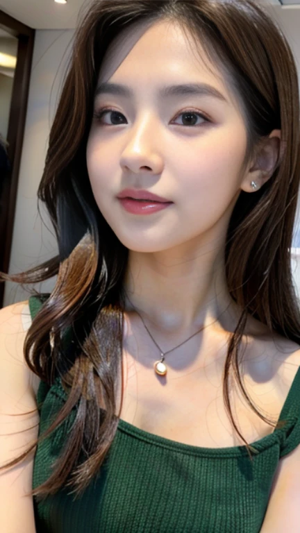 (Best quality, High resolution, Masterpiece :1.3), A tall and pretty woman, Slender abs, Dark brown hair styled in loose waves, Breasts, Wearing pendant, nude, (Modern architecture in room), Details exquisitely rendered in the face and skin texture, Detailed eyes, Double eyelid