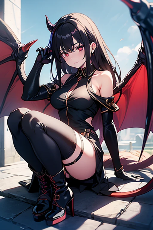 Rosto de Yandere, Yandere sorri, psychopátic smile, sorriso psicopata, dragon wings, Yandere, corpo inteiro, voador, seios grandes, clivagem, Chinese dress, seios grandes, foco na clivagem, segurando seios, Levantando Seios