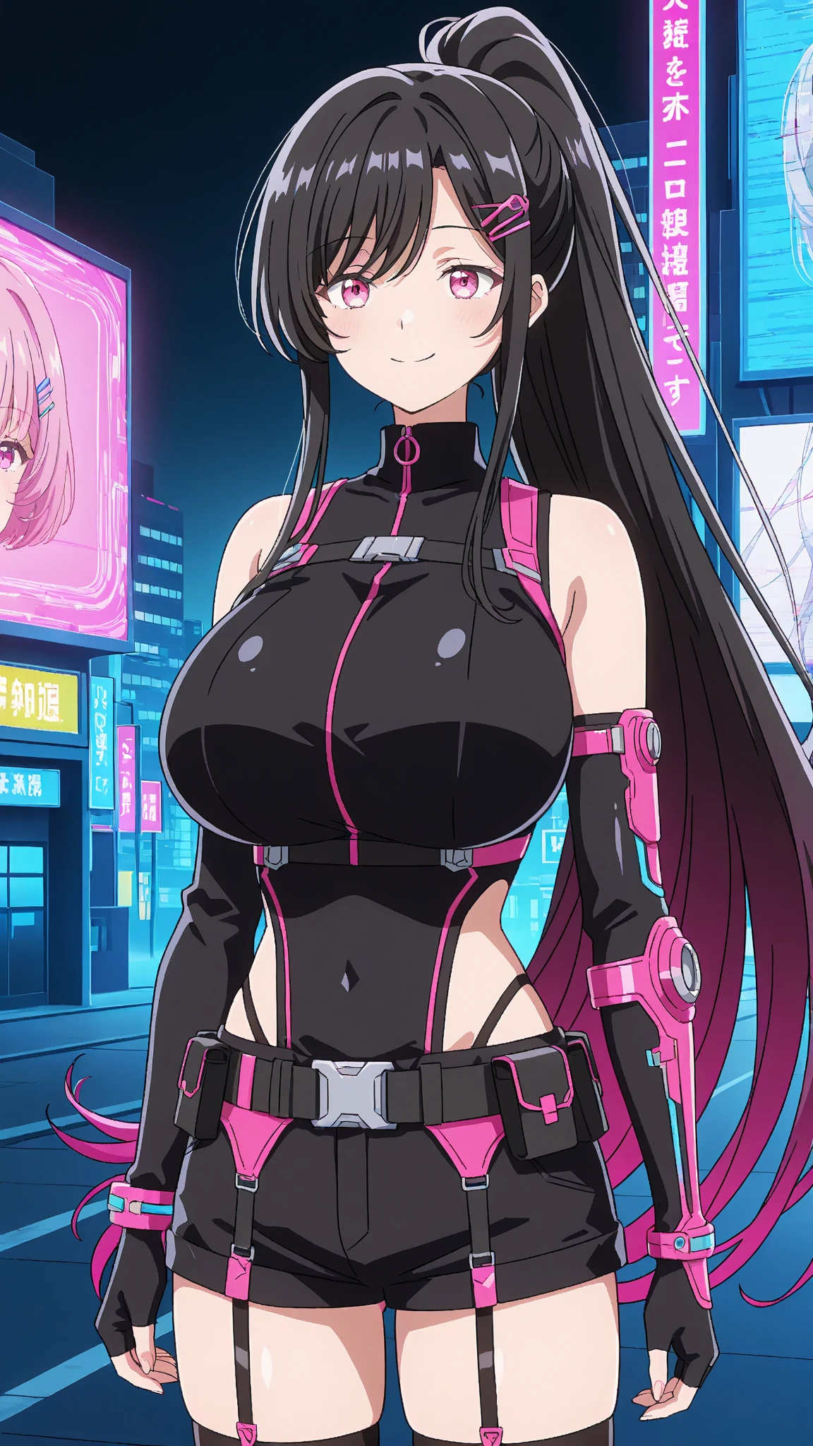 Picture an anime girl with a cyberpunk-inspired latex swimsuit featuring circuit-like designs and glowing elements. Her hair is styled in edgy, asymmetrical layers, reflecting the cybernetic theme. Posing in a gritty urban alley, she embodies the Latex Cyberpunk Seductress. Her expression is a captivating blend of mystery and seduction, creating an irresistible presence in her cyberpunk latex swimsuit.