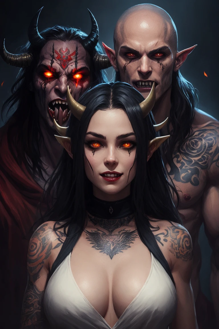 Three eyes, Large ears, poison fangs, sneering,Touch your chest,Hela hairstyle,D罩,Kirin arm,Eight-claw tentacles,Masturbation,onbed,The two women touched each other