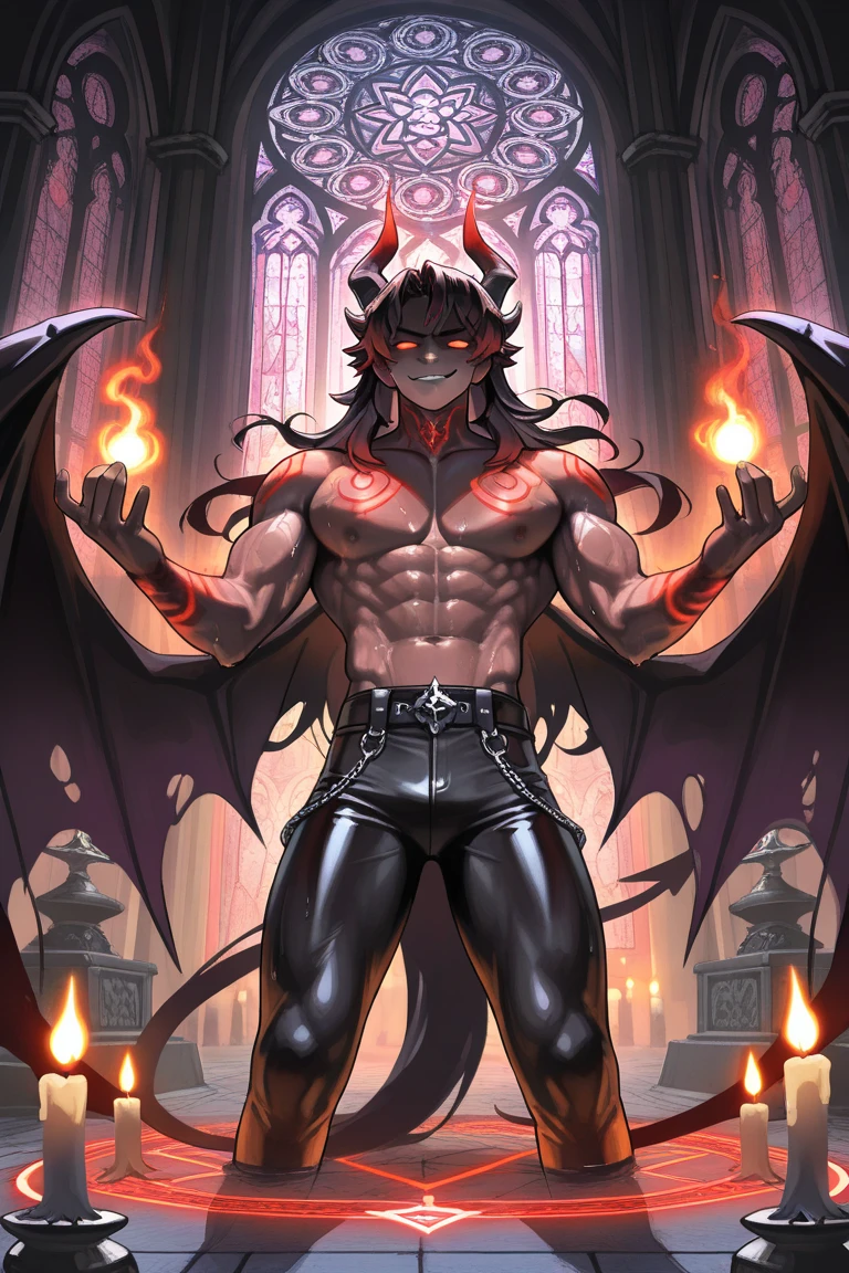 a dark demon with lava horns, purple eyes, three finger in each limp ending with sharp nails, fit muscles, very tall, and evil smile
