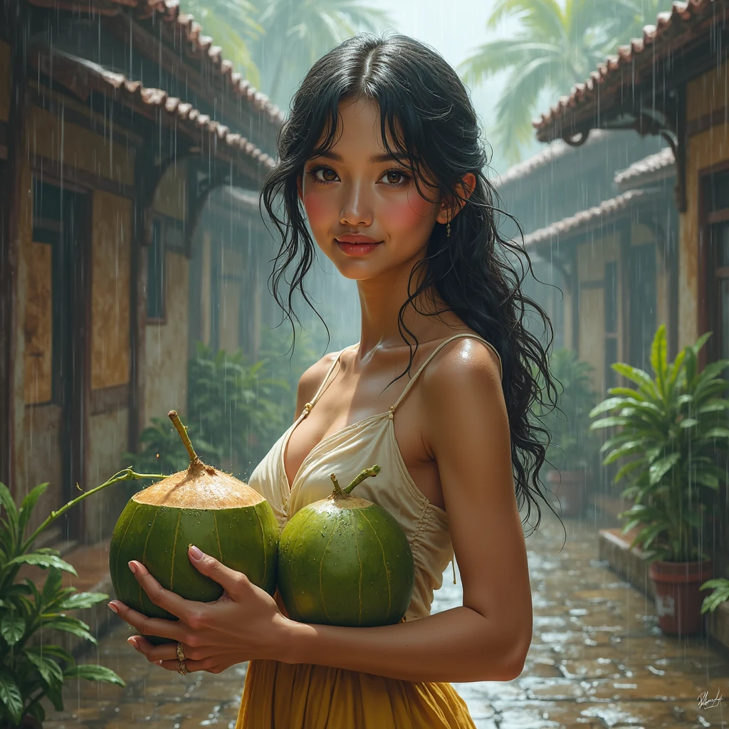 A beautiful smiling, native Hawaiian hula woman, holding a flower to her nose, background is a tropical garden, mood is delicate, sensitive, loving, happy, daytime light, character design, art by Mark Ryden, Greg Simkins, Jason Limon, Dan Quintana.