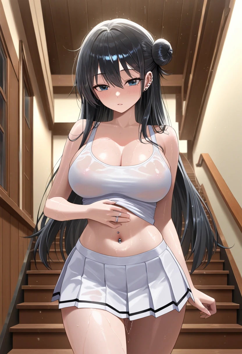 1girl,Black hair,huge breasts, beautiful face:1.3,butt hole,navel, cleavage ,bellybutton,off the shoulder:1.8,body facing front,full body shot,standing