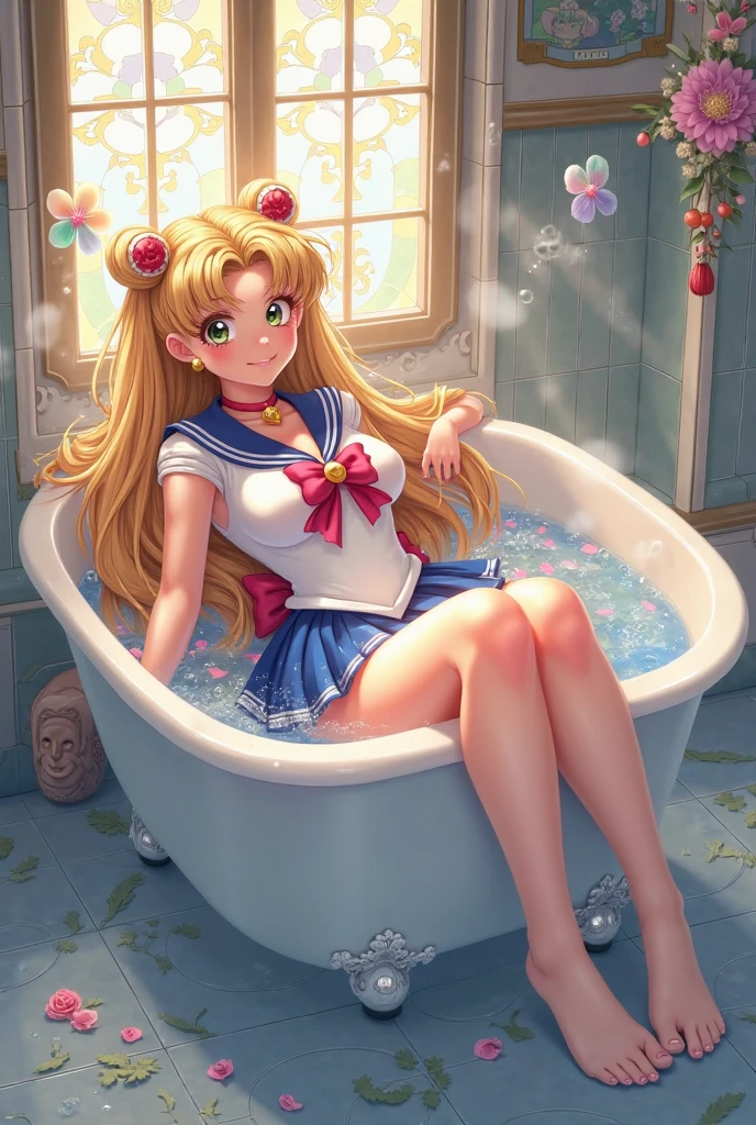 ((sticker-style illustration for print with 1girl, minimalism,)), simple background, clean:0.9, lineart, vector, tsukino usagi, bath sit a wooden bucket, looking at the viewer, ((soap foam over the body)), blush, (nude, naked body, ), circle frame, smile, ((soap foam on breast)), river from background, white background,  (double bun, twintails)
