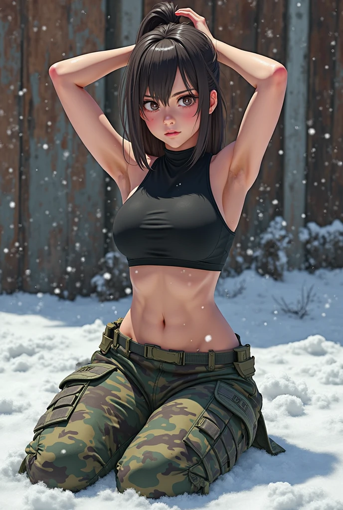 A group of female soldiers, (in snow storm), various hair styles, tank top, harem, beautiful leg, midriff, camouflage military trousers, showings off armpits, seducing, bdsm, dirty