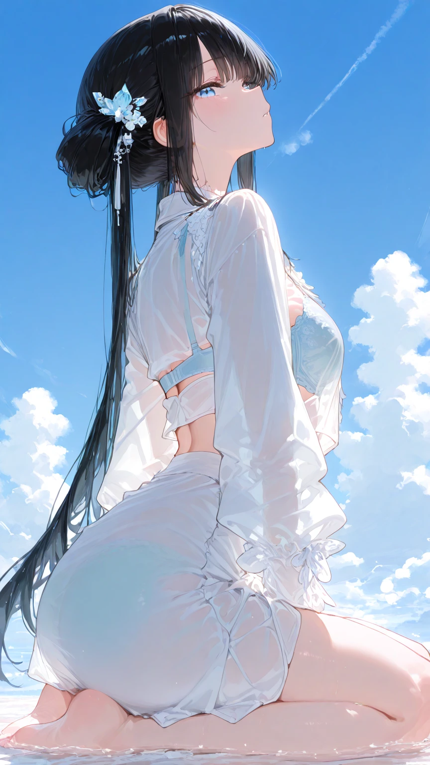 arte oficial, Obra maestra, sharp focus, (hermosa hermosa linda mujer coreana: 1.3), (Chino hermoso y lindo: 1.3), belleza china, Cabello, ojos y rostro delicadamente hermosos, realista, ultra detallado, hermosa chica, cielo azul, bright white particles, (side lighting: 1.2), luz de sol, nubes blancas, nubes delicadas, esbelto, Lindos Pechos Grandes Nalgas Grandes, blushing with laughter, paisaje, cabello largo y liso, expresiones faciales sexys, arquitectura, (paisaje urbano: 1.7), dynamic hair, cabello largo y liso, cabello rubio platino fino, ojos azules brillantes, (camisa azul ajustada plisada + minifalda blanca), medias blancas transparentes, pale skin, Accesorios para el cabello, epic landscape, piernas muy delgadas y largas, cuerpo completo