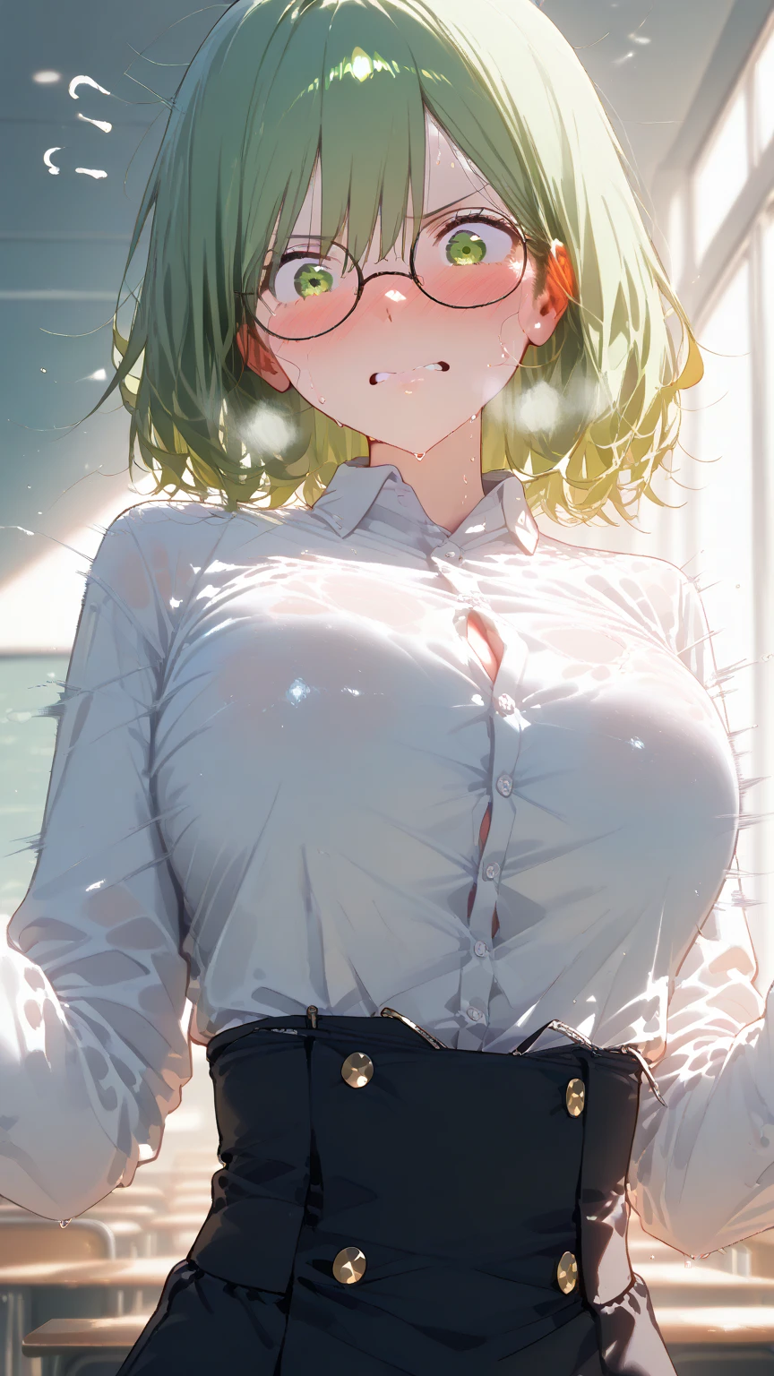 score_9, score_8_up, score_7_up, score_6_up, score_5_up, score_4_up, 1girl, Sucrose (genshin_impact), genshin_impact, green hair, small breasts, collarbone, breasts focus, floox style, \\\\\ jacket,, open clothes,green jacket, green track suit,, sportswear, standing, track jacket, green track pants, track suit, \\\\\ steam, steaming body, sweat,, rating_explicit, high resolution, deep breath, head out of frame, grey background, solo, nipple slip , , blush, , eyeglass frames, light green hair that is chin-length except for a section at the back of her head that goes down to her hips. She wears a pair of dark brown round spectacles. Sucrose also has pointed light green animal ears which she tries to hide with her hair; the animal they correspond to is unknown and it is the subject of some of Sucrose's investigations., blush, embarrassed, shy, spoken blush, glasses