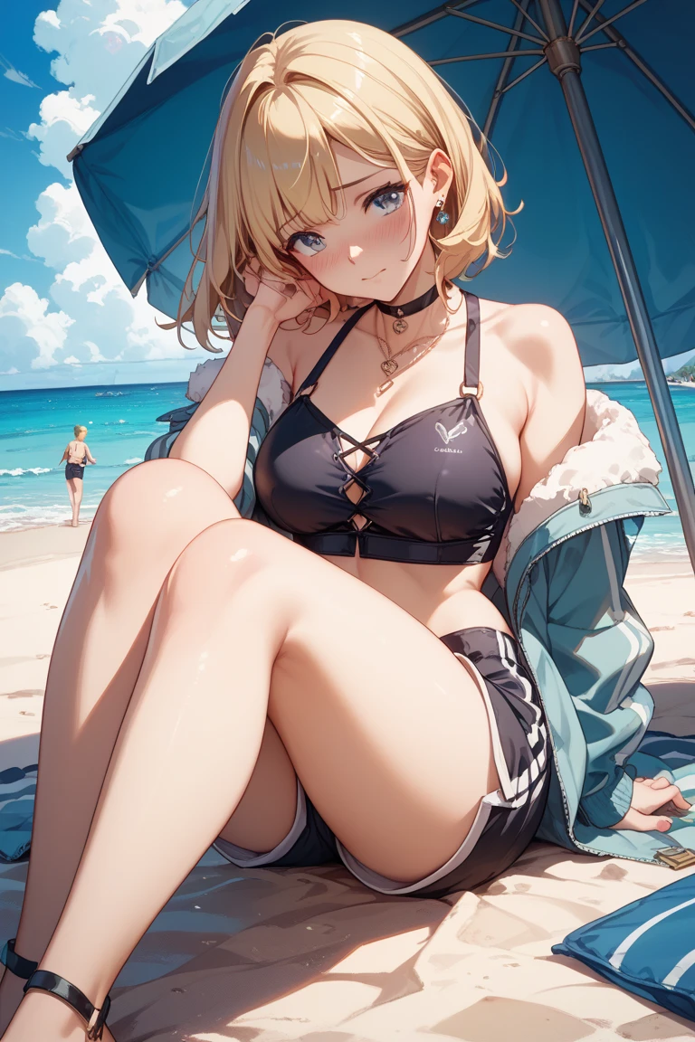 Best Quality, masterpiece,(top quality, top quality, beautiful CG,) Cowboy shot:1.2,Upper body:1.2,{{{saber alter:1.6}}}, slender body type, glossy skin, blonde, ((gold beautiful eyes:1.2)), signon hair, shortcuts, very cute girl, glossy skin, (((She's on a very beautiful beach:1.2))),((She was embarrassed:1.6)),she closes her mouth,((She only wears a very cute black color bikini:1.2)),black ribbon,sexy body, erotic body,((It's clearly depicted to the top of her head:1.9)),She's watching the viewers:1.2,(((Very sunny seaside:1.2))),sexy high leg bikini:1.6,{{camel toe:1.6}}